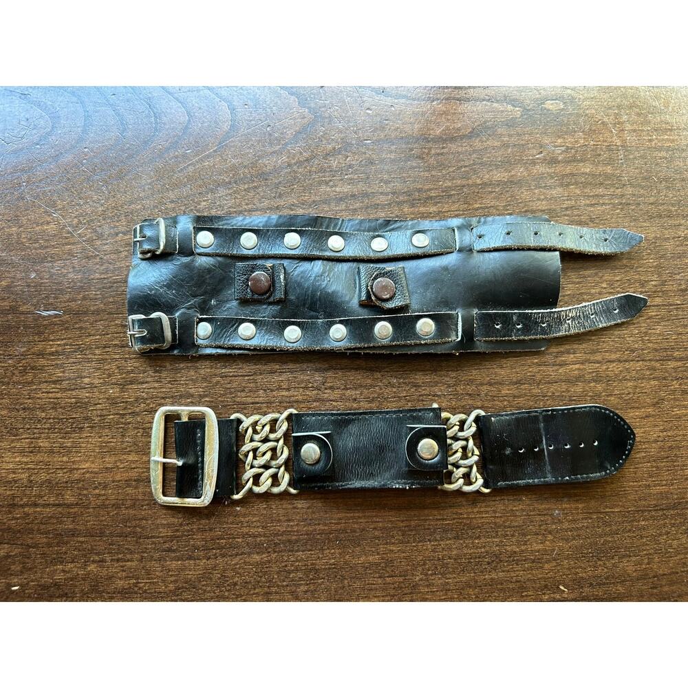 Vintage biker-style leather bracelets studded black leather chains pink goth